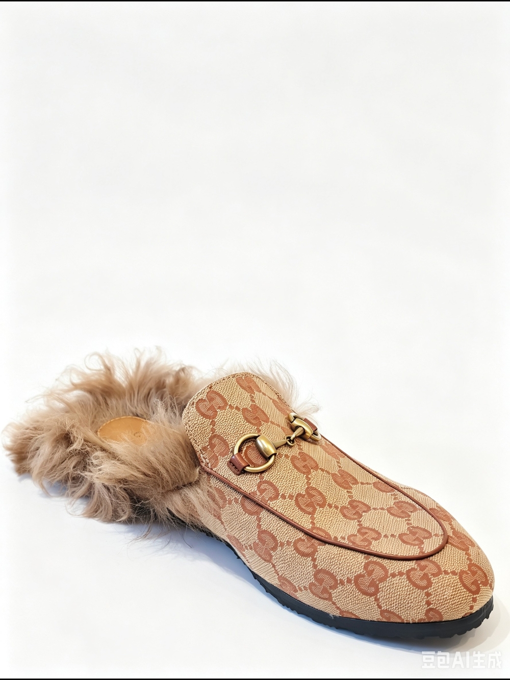 Gucci Beige GG Canvas Fur-Lined Horsebit Mules